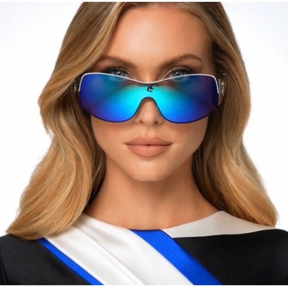 Women Shield Sunglasses Blue Mirrored Black White Wraparound Frame Lentes Gafas